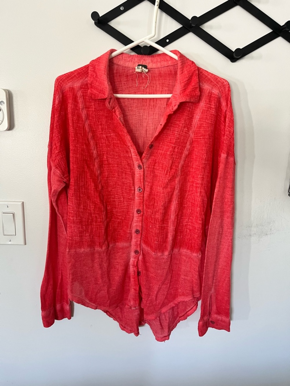 We the Free / Free People Distressed Hot Pink Coral Button-Up Lightweight Shirt